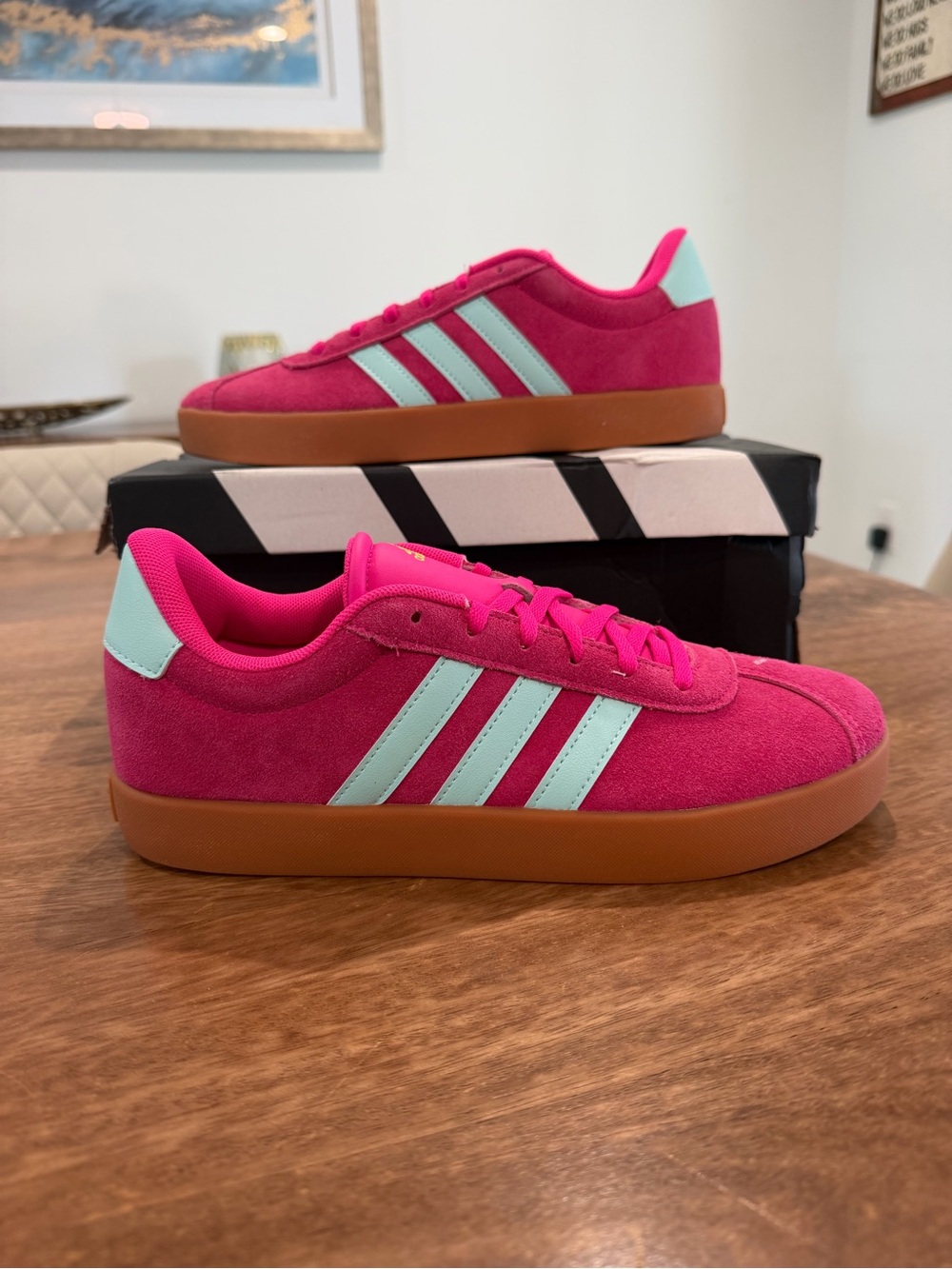 adidas Women’s 8.5 Pink Suede Sneakers with Mint Stripes and Gum Sole Youth 7